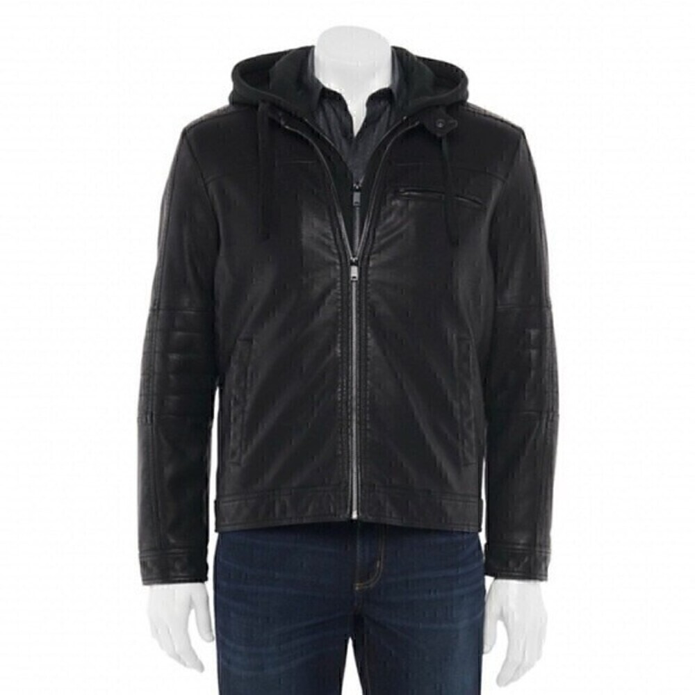 New! Faux Leather Moto Men’s Black Biker Vegan Leather Removable Hood Jacket